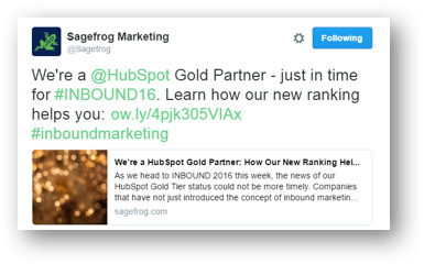 Sagefrog tweet about Hubspot Gold partnership